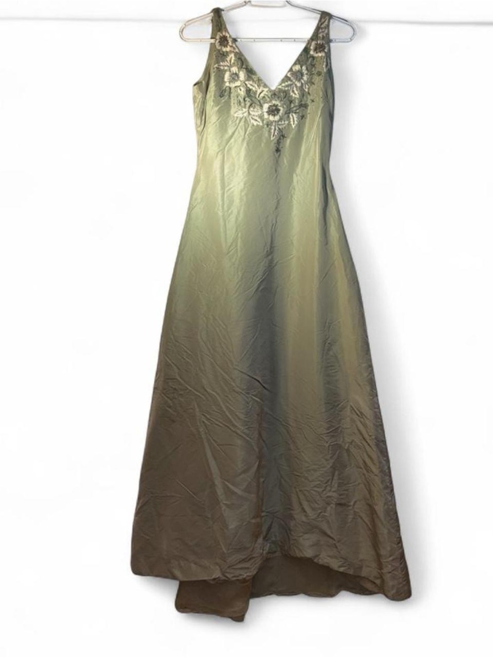 Vintage Oscar de la Renta Olive Green Floral-Embroidered V-Neck Gown Dress